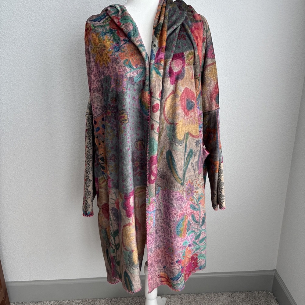 Natural Life Long Cozy Patchwork Blanket Kimono Pink Trim S/M Sherpa Lined Boho